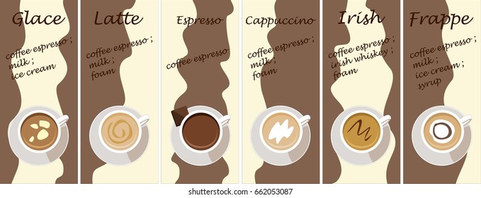 Six different  Kinds of coffee in white cups