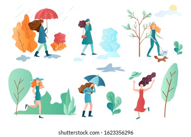 Six different kinds of seasons and weather to illustrate  climate conditions. Autumn rainy day, winter frosty, spring cool, summer sunny, summer windy, summer rainy day