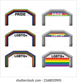 Six different LGBTQ pride inflatable archs with rainbow lines and text