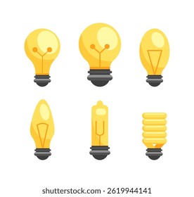 Six different light bulbs shining, representing ideas and innovation