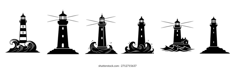 Seis siluetas diferentes del faro aisladas en blanco