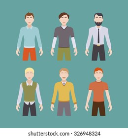 Six different male characters. Figures isolated against the green background and shown in front view