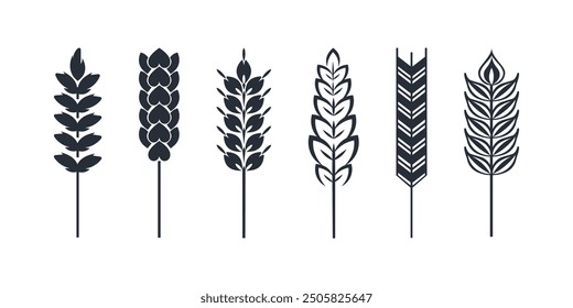 Seis iconos minimalistas diferentes que representan tallos de trigo, ideales para la agricultura y las industrias alimentarias