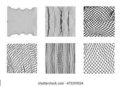 Six different net patterns. Rope net vector silhouette. Soccer, football, volleyball and tennis net pattern. Fisherman hunting net rope texture / pattern.