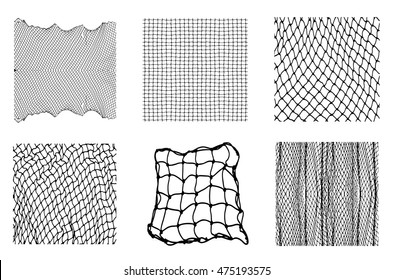 Six different net patterns. Rope net vector silhouette. Soccer, football, volleyball and tennis net pattern. Fisherman hunting net rope texture / pattern.