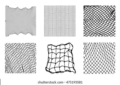 Six different net patterns. Rope net vector silhouette. Soccer, football, volleyball and tennis net pattern. Fisherman hunting net rope texture / pattern.