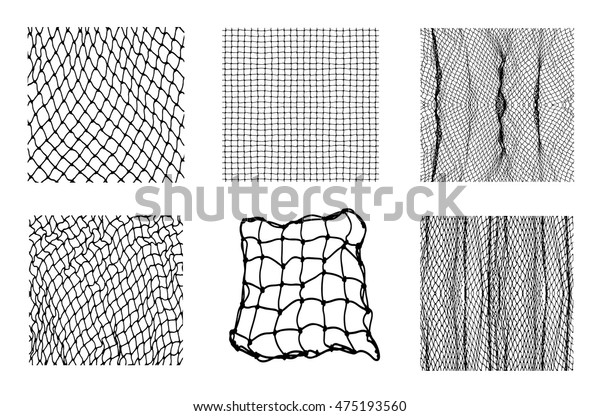 Six different net patterns. Rope\
net vector silhouette. Soccer, football, volleyball and tennis net\
pattern. Fisherman hunting net rope texture /\
pattern.