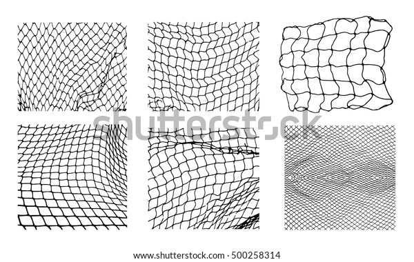 Six different net\
patterns. Rope net vector silhouette. Soccer, football, volleyball,\
tennis and tennis net pattern. Fisherman hunting net rope texture /\
pattern.