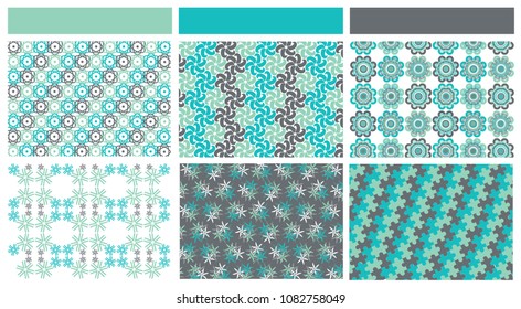six different patterns in one color pallet - grey and bluish green