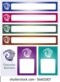 Six different peacock web banners with henna hand-drawn look. Vector illustration.