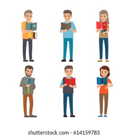 Six different people enjoy reading books. Intelligent  grown up characters on white background. Males and females holding one or two books in hands. Vector illustration of education process.