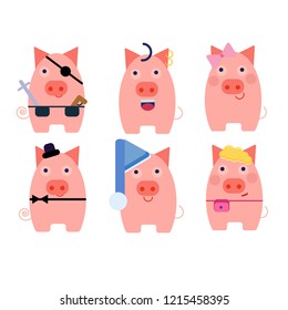 six different pigs pigs for children, different characters, different costumes, vector