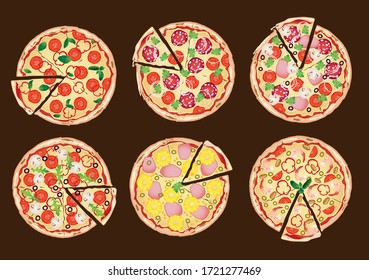 Six different pizza set for menu on the wooden board. Italian food traditional cuisine. Pizzas with salami, seafood, ham, mushroom, tomatoes, pepper, cheese, basil, parsley, onion, pineapple, olive, b