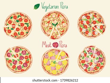 En la pizarra de madera se proponen seis pizzas diferentes. Cocina italiana tradicional. Pizzas con salami, marisco, jamón, setas, tomates, pimienta, queso, albahaca, perejil, cebolla, piña, arugula,
