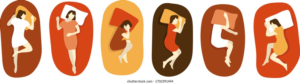 Seis puestos diferentes en los que una persona duerme: en su espalda, en su costado, en su estómago. La chica está durmiendo en la cama. La vista desde arriba. Dibujo plano vectorial.