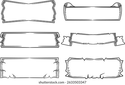 six different ribbon or banner designs, made in black and white line sketch style	
