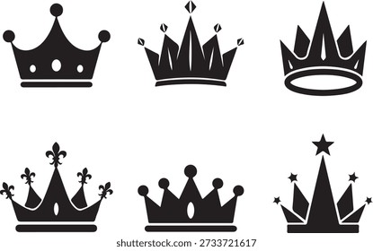 Six different royal crown silhouettes, various styles and designs, black icons on white background