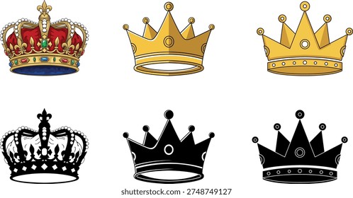 Six different royal crowns in various colors and design.