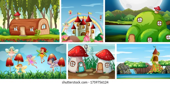 Sechs verschiedene Szenen von Fantasiewelt mit Feen in Märchen und Fantasy-Orten zur Illustration