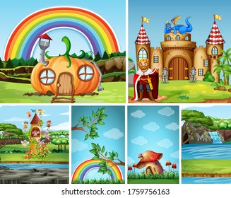 Six different scene of fantasy world with fantasy places and fantasy character such as pumpkin house and king with castle illustration