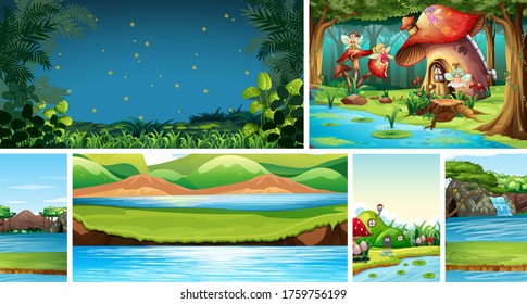Six different scene of fantasy world with fantasy places and fantasy characters such as fairies and nature scenes illustration