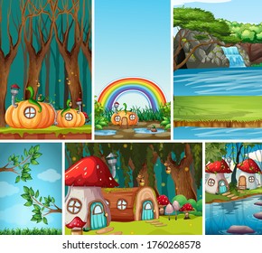 Six different scene of fantasy world with fantasy places such as pumpkin house and mushroom house and nature scene illustration