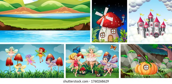 Six different scene of fantasy world with fairies in fairy tale and nature scene illustration