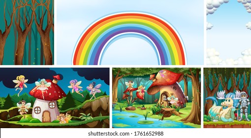 Six different scene of fantasy world with fantasy places and fantasy characters illustration