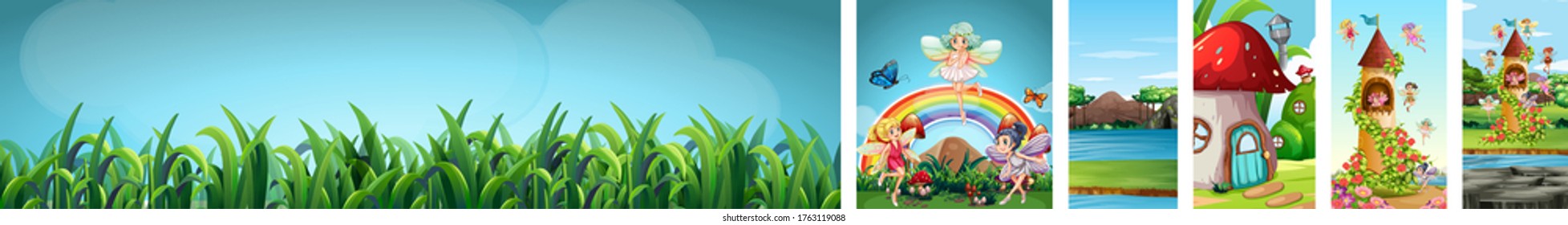 Six different scene of fantasy world with fantasy places and fantasy characters and blank sky with green grasses illustration