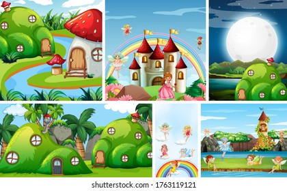 Seis escenas diferentes de mundo de fantasía con hermosas hadas en el cuento de hadas y castillo con arcoiris y fantasía ilustración de la casa