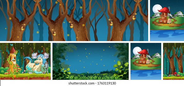 Six different scene of fantasy world with fantasy places in the forset illustration
