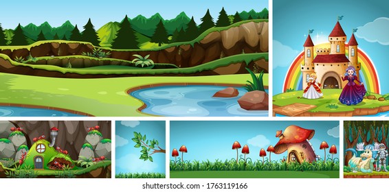 Six different scene of fantasy world with nature fantasy places and fantasy characters illustration