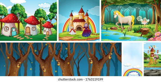 Six different scene of fantasy world with fantasy places and fantasy characters such as mushroom village and unicorn illustration