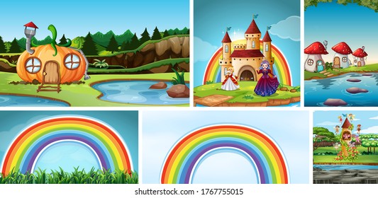 Six different scene of fantasy world with fantasy places and fantasy characters illustration