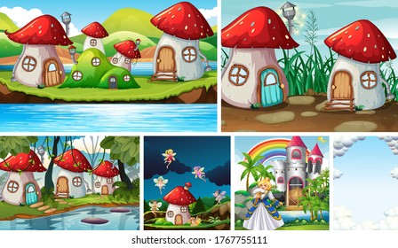 Six different scene of fantasy world with fantasy places and fantasy character such as princess and muchroom village illustration