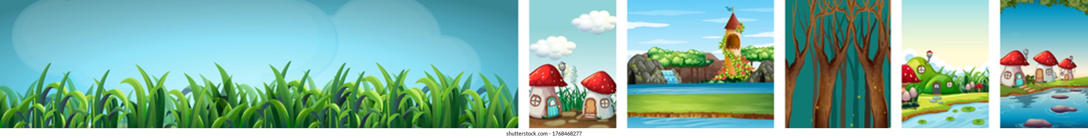 Six different scene of fantasy world with mushroom village and blank background with grasses and forest at night scene illustration