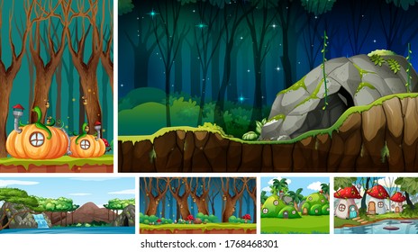 Six different scene of fantasy world with pumpkin house and fantasy places illustration