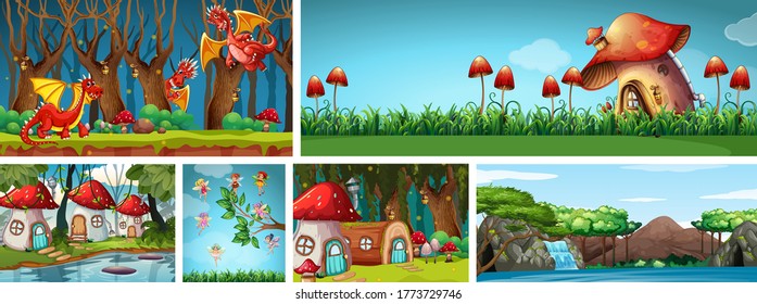 Six different scene of fantasy world with fantasy places and fantasy characters such as dragons and fairy illustration