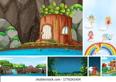 Six different scene of fantasy world with fairies in fairy tale and timber house illustration