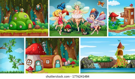 Six different scene of fantasy world with fantasy places and fantasy characters such as fairies and log house and mushroom house illustration