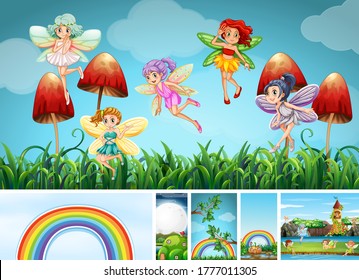 Six different scene of fantasy world with fantasy places and fantasy character such as fairies and rainbow illustration