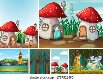 Six different scene of fantasy world with fantasy places and fantasy character such as dragon and mushroom house illustration