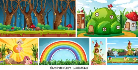 Six different scene of fantasy world with fantasy places and fantasy character such as fairies illustration