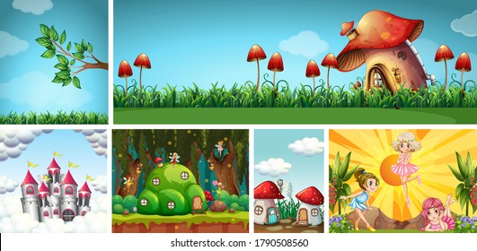 Six different scene of fantasy world with fantasy places and fantasy characters such as fairies illustration