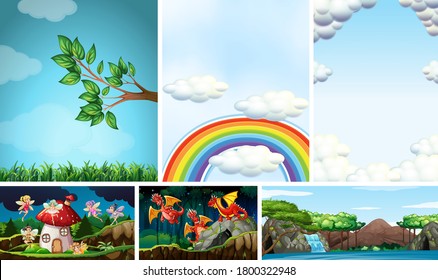 Six different scene of fantasy world with fantasy places and fantasy characters such as dragons and fairies illustration