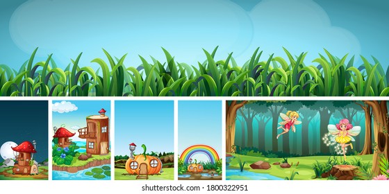 Six different scene of fantasy world with fantasy places and fantasy characters such as fairies illustration