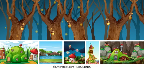 Seis escenas diferentes de un mundo de fantasía con lugares de fantasía como la casa de hongos y la ilustración de nido de hormigas