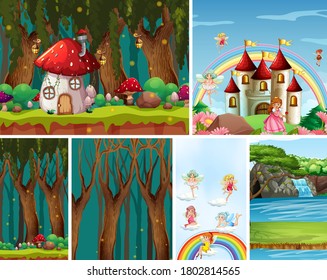 Six different scene of fantasy world with nature fantasy places and fantasy characters illustration