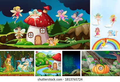 Six different scene of fantasy world with beautiful fairies in the fairy tale illustration