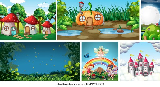 Six different scene of fantasy world with fantasy places and fantasy character such as fairies illustration